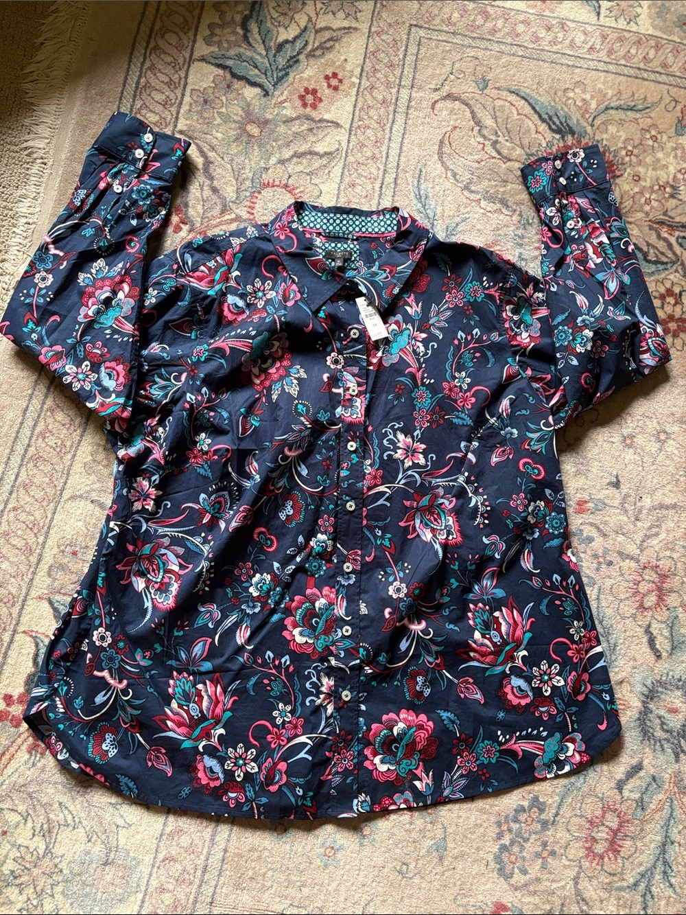 NWT Talbots Navy Floral Button-Down Contrast Trim Shirt 3x
